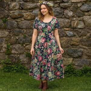 Vintage 90s E.D. Michaels Plus Floral Cottage Core Midi Dress 16/18